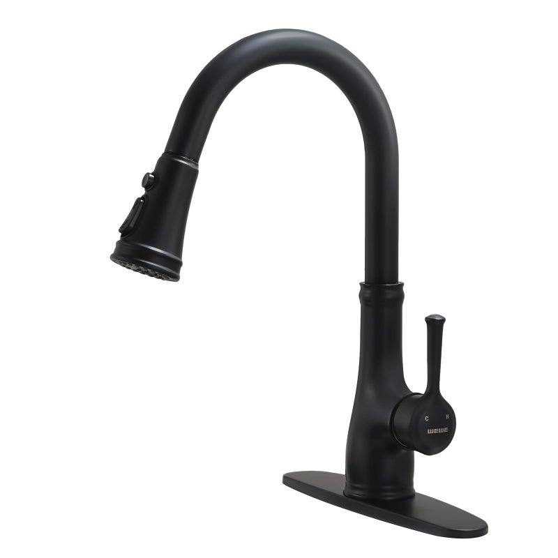 WEWE Vintage Kitchen Faucet with Pull Down Sprayer, Stainless Steel 1 or 3 Hole High Arc Single Handle Antique Sink Faucet for Classic Modern Ktichen, Matte Black Bar & Prep Sinks - Image 1